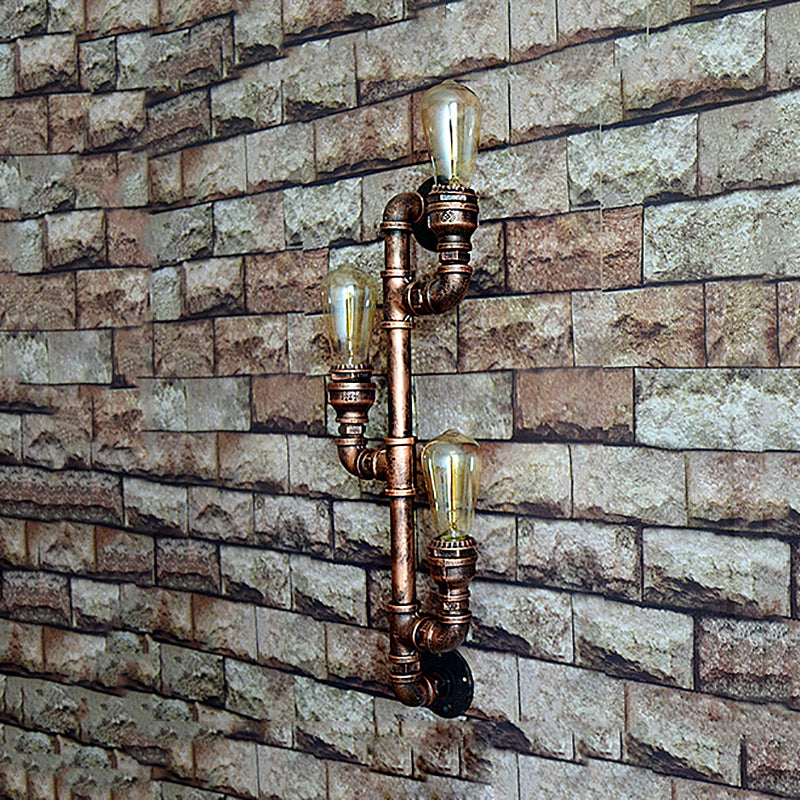 Warehouse Water Pipe Wall Sconce Lamp - Exposed Bulb Iron Light In Weathered Copper (2/3 Lights) 3 /