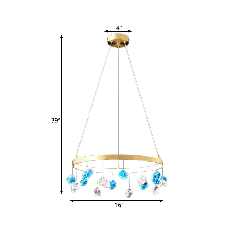 Gold LED Chandelier with Colored Gem Droplet - Mid Century Circle Pendant Lighting, 16"/19.5" Wide