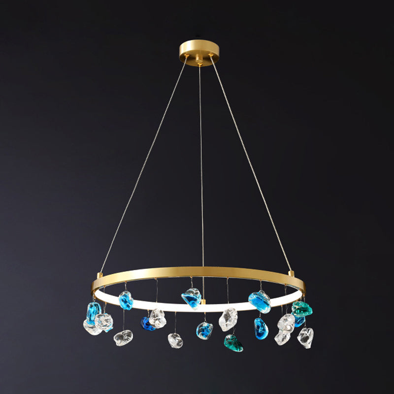 Gold Metal Led Chandelier With Colored Gem Droplet Mid Century Circle Design 16/19.5 Wide