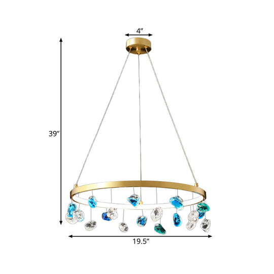 Gold Metal Led Chandelier With Colored Gem Droplet Mid Century Circle Design 16/19.5 Wide