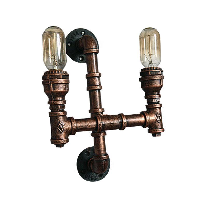 Warehouse Water Pipe Wall Sconce Lamp - Exposed Bulb Iron Light In Weathered Copper (2/3 Lights)