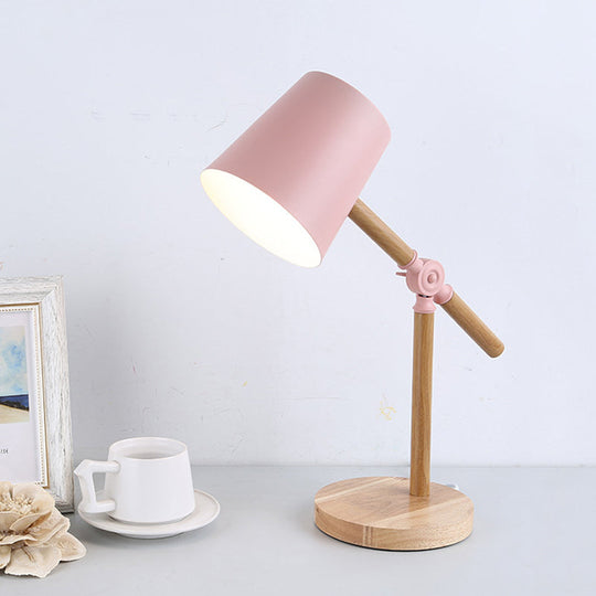Nordic Wood Swing Arm Table Lamp- 1 Light Nightstand With Stylish Barrel Shade In Black/White/Pink