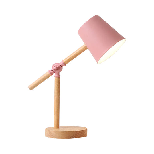 Nordic Wood Swing Arm Table Lamp- 1 Light Nightstand With Stylish Barrel Shade In Black/White/Pink