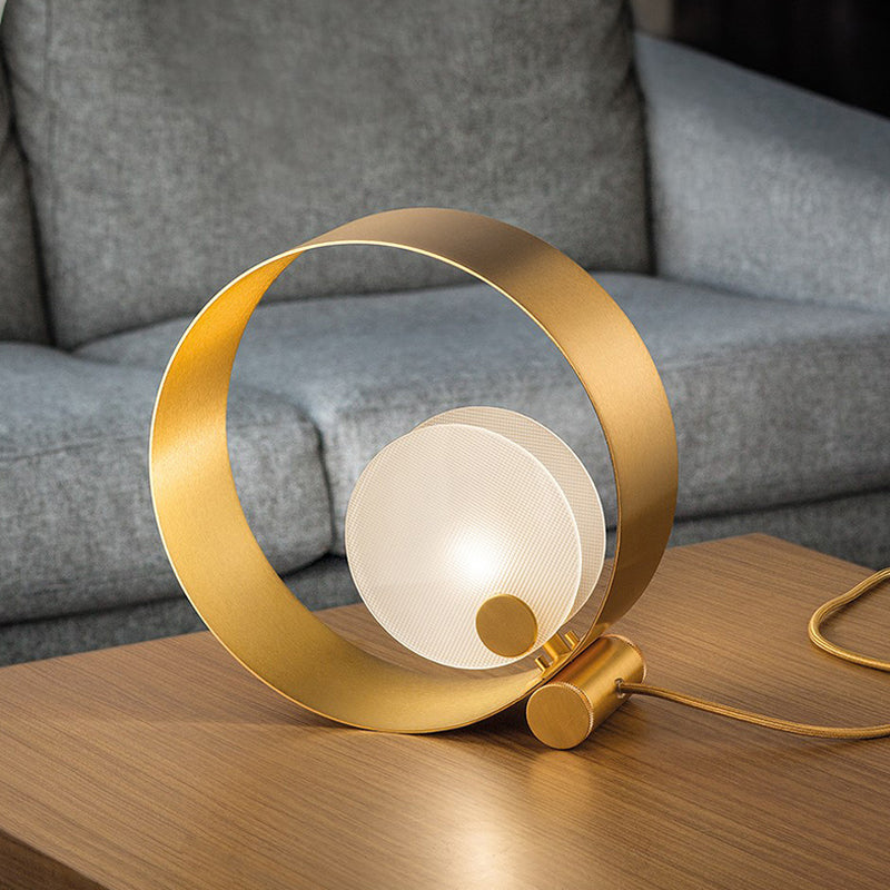 Gold Metallic Annulus Nightstand Lamp With Frosted Shade - Postmodern Bedroom Table Light