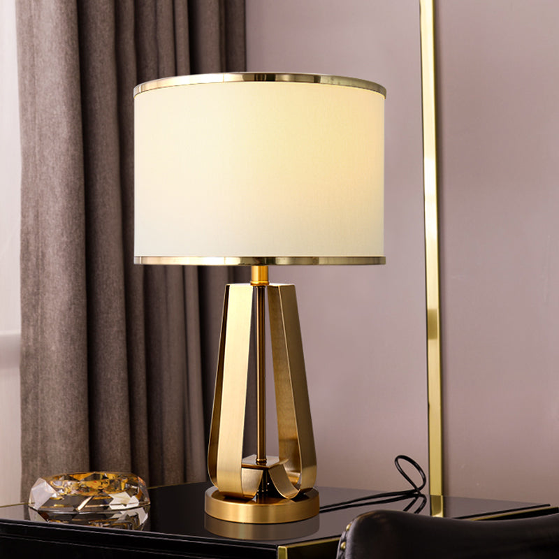 Mid Century Style Metal Table Lamp With Drum Shade - Strap Jar Night Light Gold