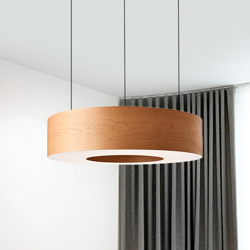 Sleek Brown Round Led Pendant Light Wooden Hanging Ceiling Fixture For Restaurants Wood