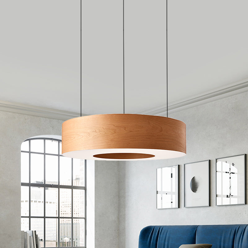Sleek Brown Round Led Pendant Light Wooden Hanging Ceiling Fixture For Restaurants