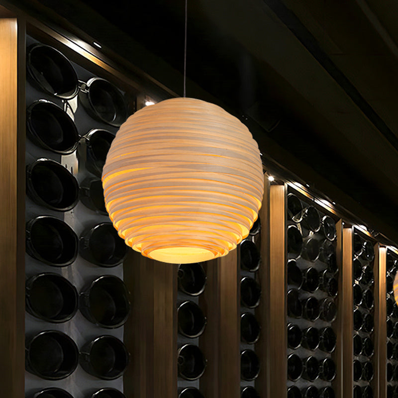 Ribbed Globe Wine Bar Pendant Light - Asian Style Hanging Crafted Wood 1 Head Beige