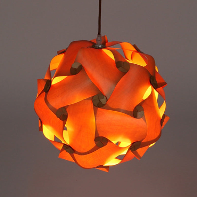 Minimalist Wood Pendant Light Kit - Pieced Globe Dinette Drop Design In Light-Brown (1 Bulb)