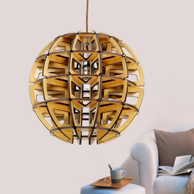 Handcrafted Asian Beehive Ball Pendant Ceiling Lamp - Wooden Crafted Brown Lighting Fixture