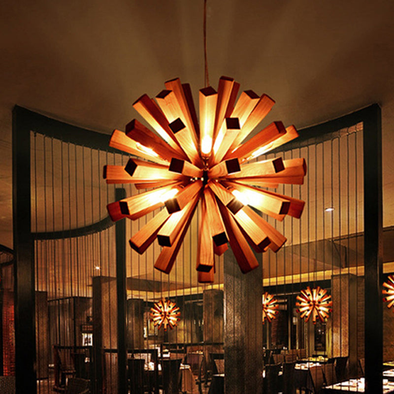 Asian-Inspired Starburst Wood Pendant Light Fixture For Restaurants