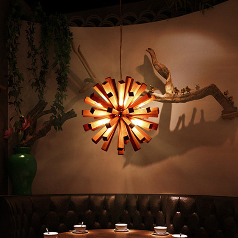 Asian-Inspired Starburst Wood Pendant Light Fixture For Restaurants