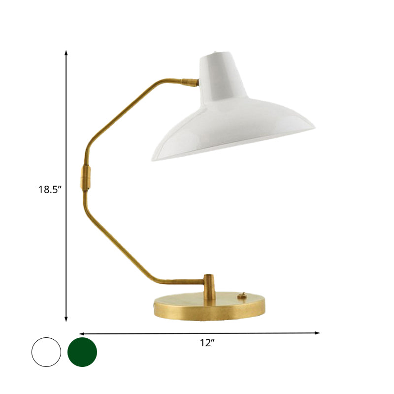 Retro Brass Iron Bow Desk Lamp With Single Bulb And Green/White Wide Bowl Shade