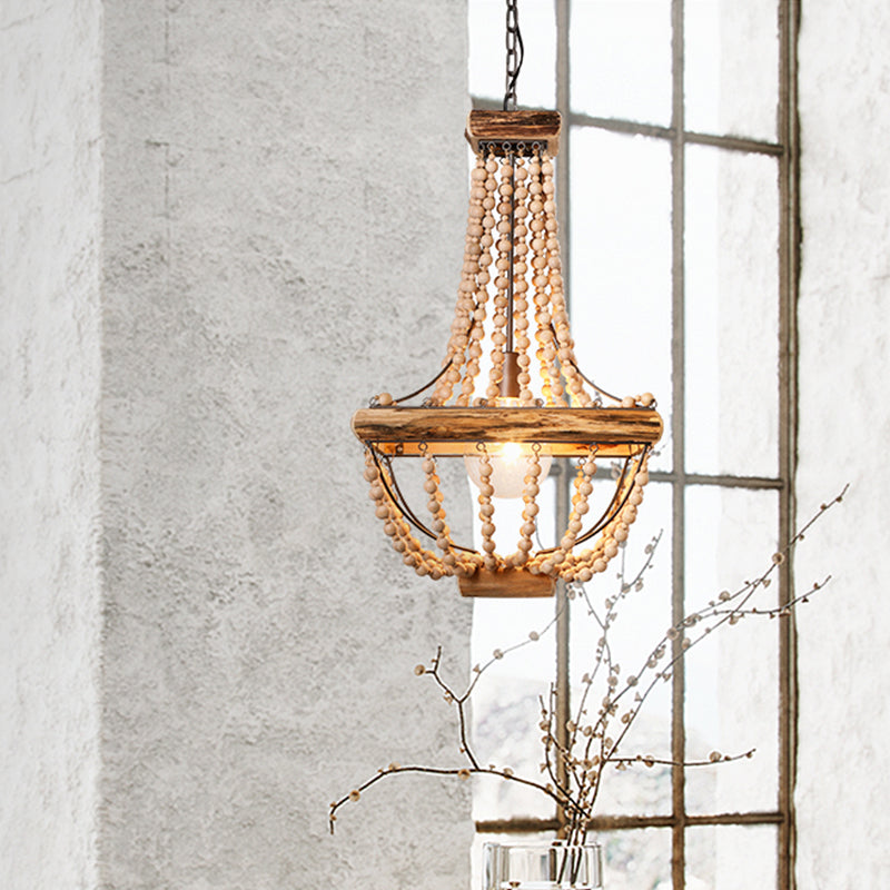 Traditional Wood Beaded Hanging Light Basket In Brown - Single Suspended Lighting Fixture