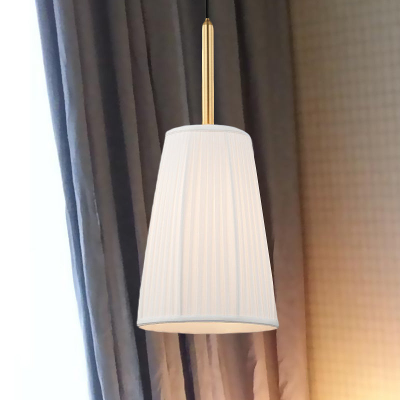 Farmhouse Pleated Fabric Bell Bedside Pendant Light - White With Gold Accent Bulb