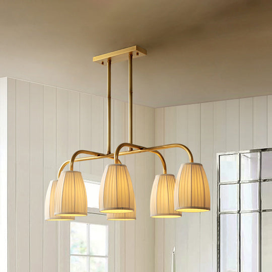 Rustic Pleated Fabric Pendant Chandelier In Gold - 3/6 Bulbs Hanging Light For Dining Table