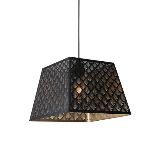 Trapezoidal Trellis Pendant: Industrial Black Iron Ceiling Lamp