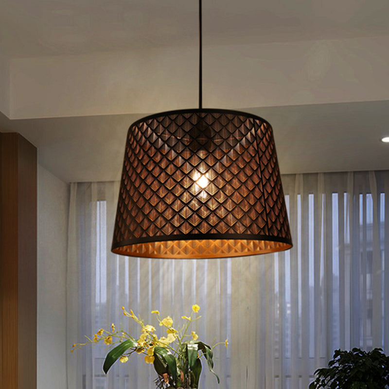 X-Cage Drop Lamp: Metallic Hanging Ceiling Light With Single Bulb & Black Truncated Cone Shade