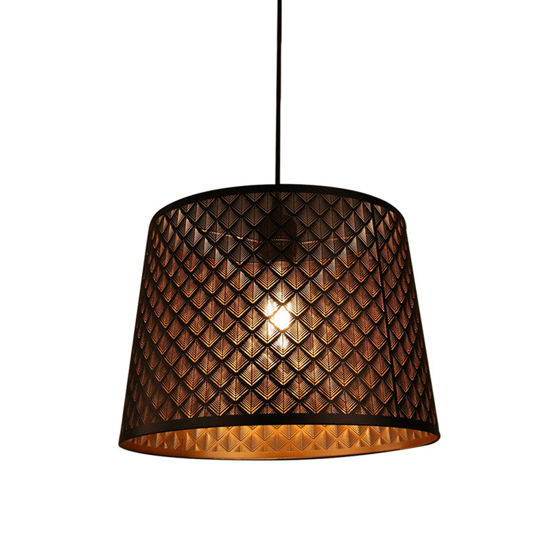 X-Cage Drop Lamp: Metallic Hanging Ceiling Light With Single Bulb & Black Truncated Cone Shade