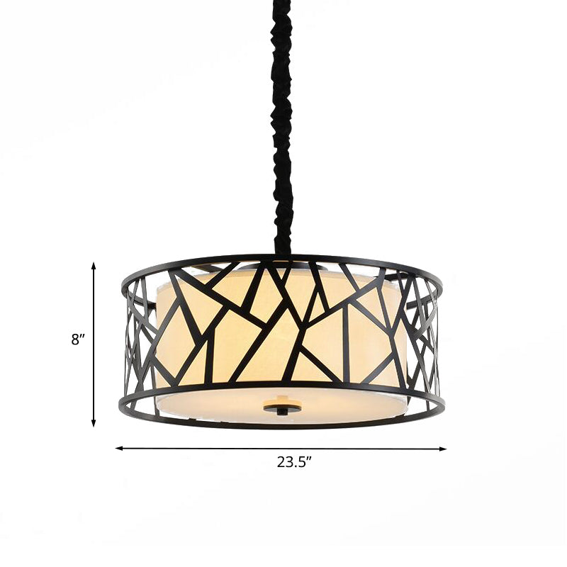 Vintage Iron Cage Drum Pendant Light With Fabric Shade - 5-Head Dining Room Ceiling Fixture In Black