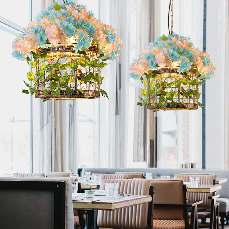 Industrial Iron Birdcage Flower Suspended Lighting Fixture - Bronze Hanging Light For Restaurants