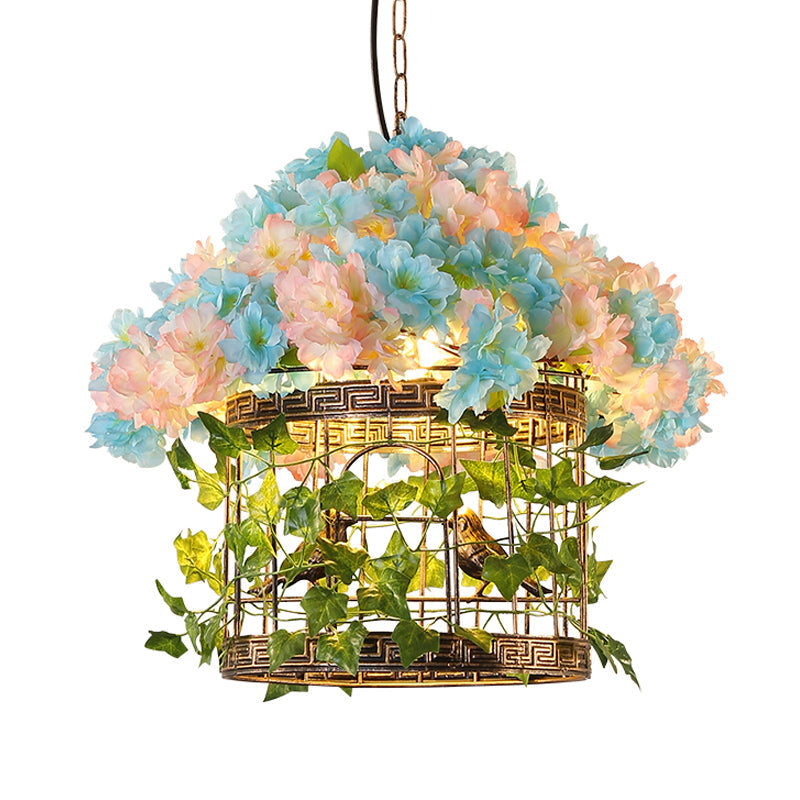 Industrial Iron Birdcage Flower Suspended Lighting Fixture - Bronze Hanging Light For Restaurants