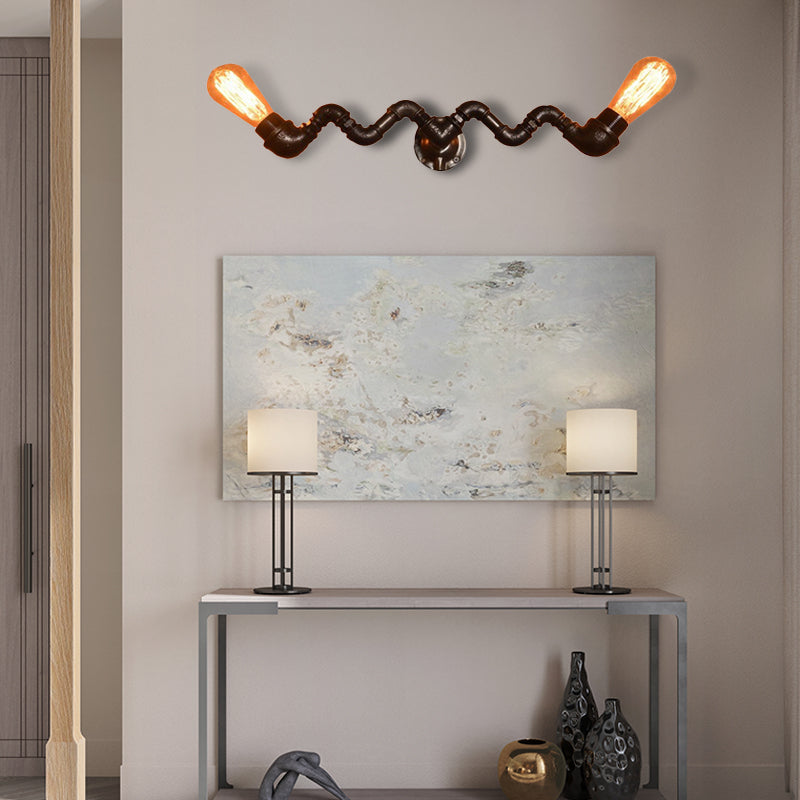 Industrial Style Bronze Wall Sconce With Wavy Design - Metallic Pipe Finish 2/5 Bulbs Perfect For