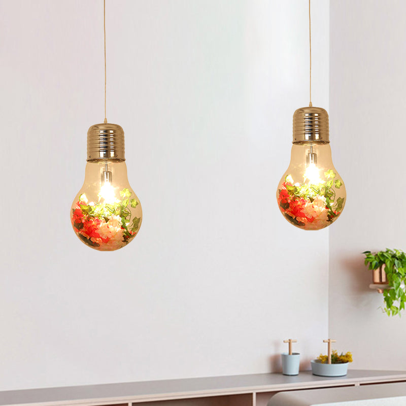 Farmhouse Pendant Lamp - Clear Glass Bulb Shape With 1 Light And Flower Ceiling Suspension 6/8/11