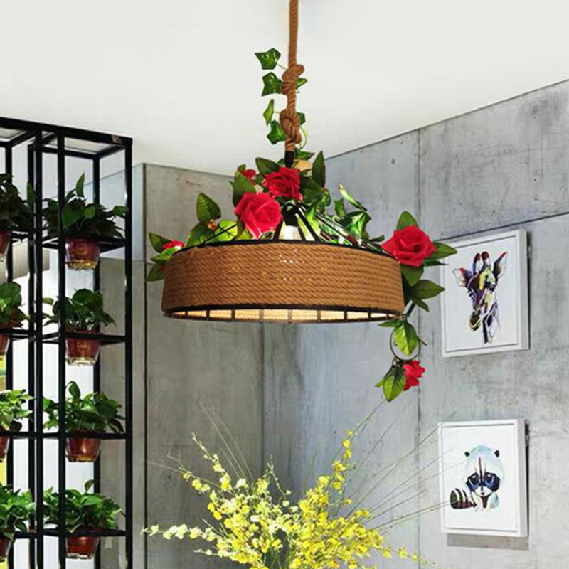Black Round Cage Pendant Light Fixture With Hemp Rope Flower Design - Available In 12/16/19.5 Width