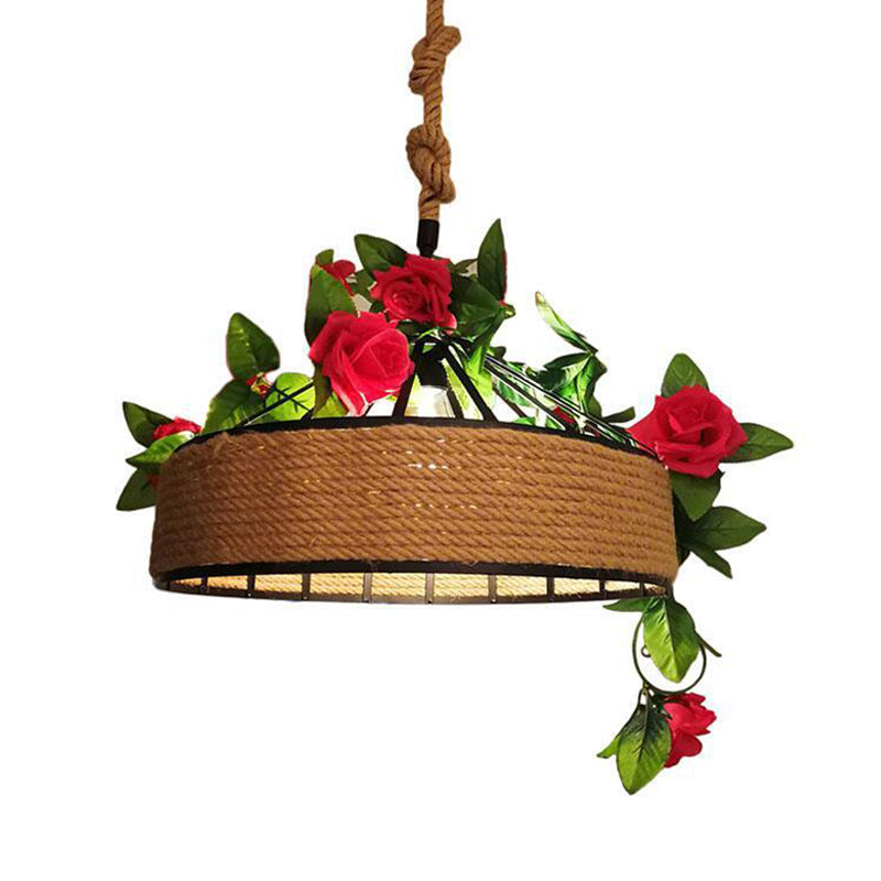 Black Round Cage Pendant Light Fixture With Hemp Rope Flower Design - Available In 12/16/19.5 Width