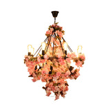 Black Warehouse Chandelier - 14-Bulb Suspension Lamp With Pink Flower And Rope