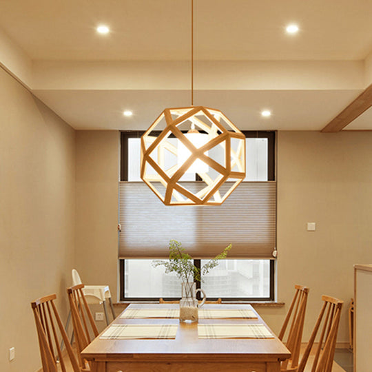 Asia Wood Globe Pendant Light With Beige Fabric Shade - Single Bulb Hanging Lamp