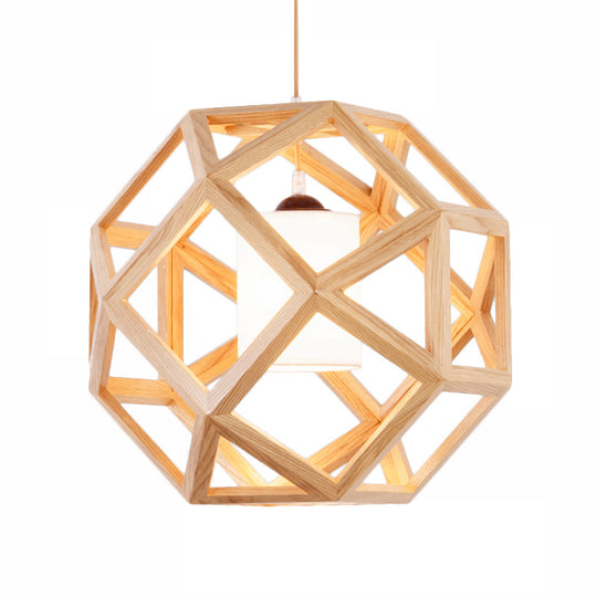Asia Wood Globe Pendant Light With Beige Fabric Shade - Single Bulb Hanging Lamp