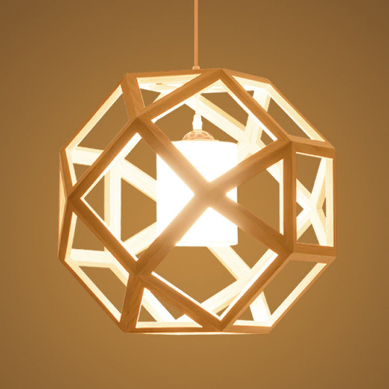 Asia Wooden Globe Pendant Light with Beige Fabric Shade