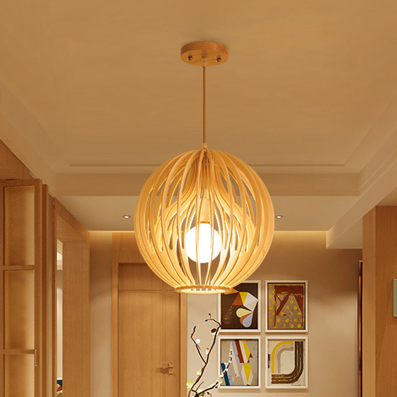 Wooden 2-Layer Cage Pendant Ceiling Light With Interior Fabric Shade - Asia Style