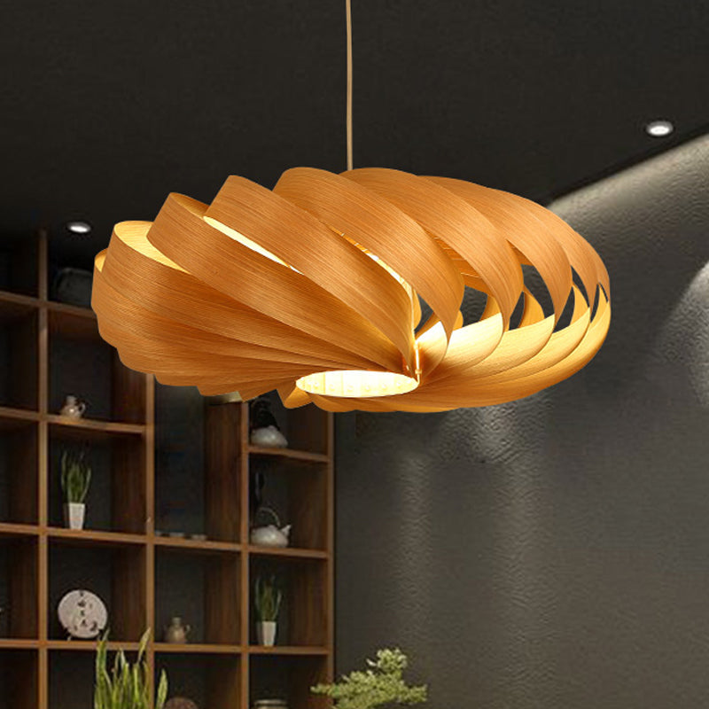 Wooden Beige Asian Pendant Light - Modern Twisted Lantern Ceiling Lamp For Dining Table