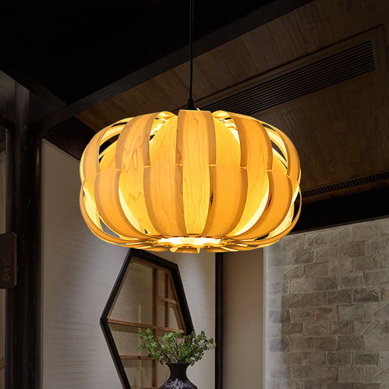 Pumpkin Parlor Hanging Light Kit: Wooden 2-Light Asian Pendant In Beige - Striking Suspension