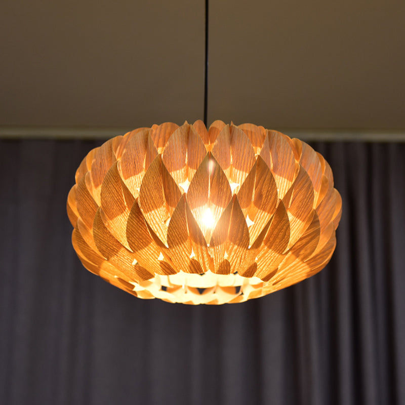 Chinese Style Wood Lotus Drum Pendant Lamp - Single Beige Suspension Lighting For Tearoom