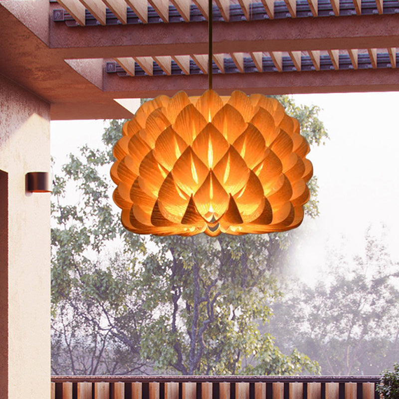 Handcrafted Blooming Wood Pendant Light - Asian 1-Light Beige Fixture