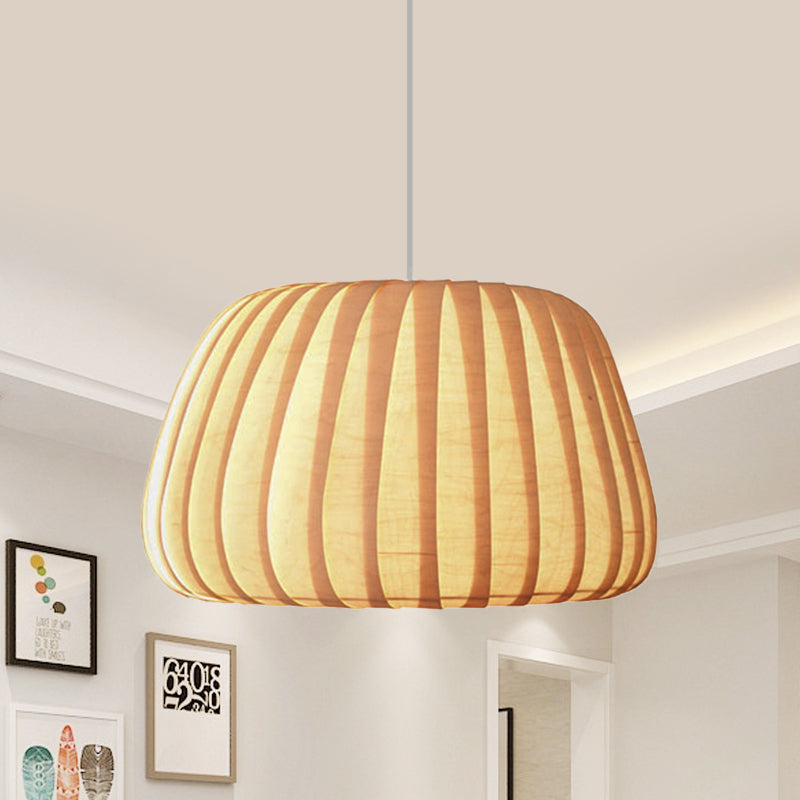 Modern Beige 1-Light Office Pendulum Pendant With Pumpkin Wood Shade