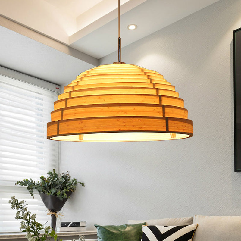 Minimalist Wood Hemispherical Pendant Light In Beige For Living Room Ceiling