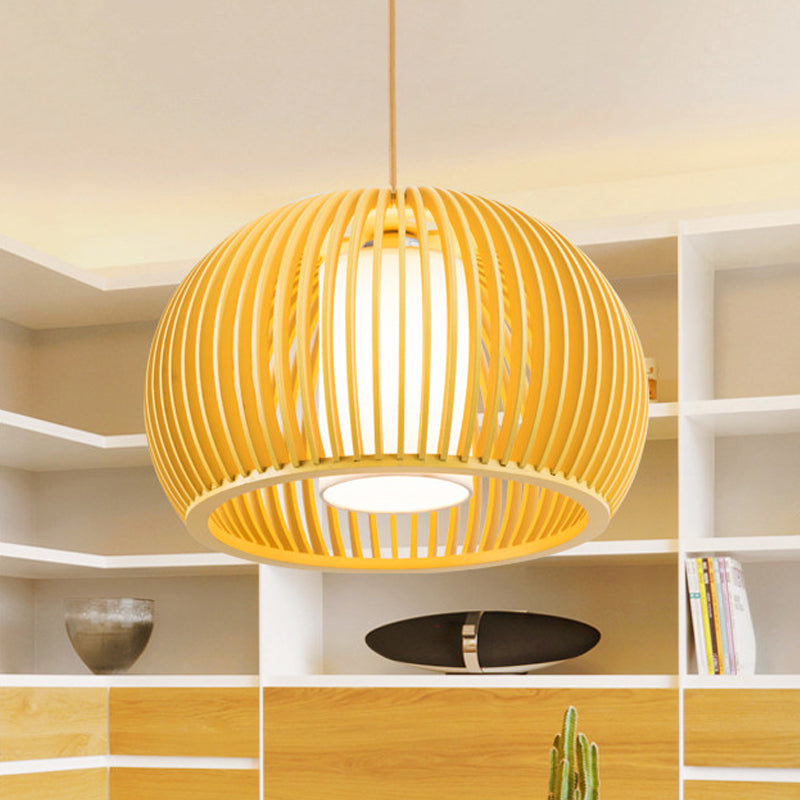 Open Kitchen Suspension Light - Asia Beige Pendant Lamp With Dome Wood Cage 14/18 Inch Wide