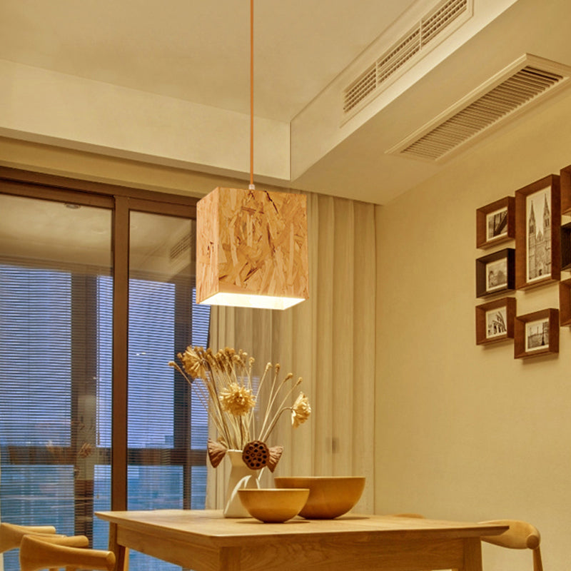 Stranded Wood Cube Ceiling Light - Simple 1 Bulb Beige Hanging Fixture for Dinette
