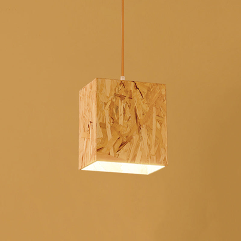 Stranded Wood Cube Ceiling Light - Simple 1 Bulb Beige Hanging Fixture for Dinette