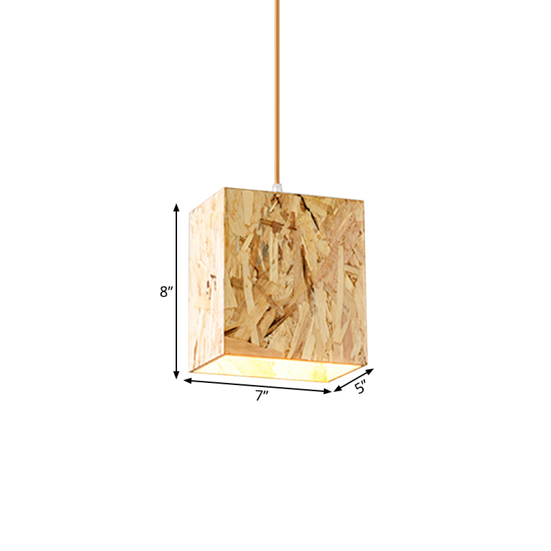 Sleek Cube Stranded Wood Ceiling Light With 1 Bulb Beige Hanging Fixture For Dinette