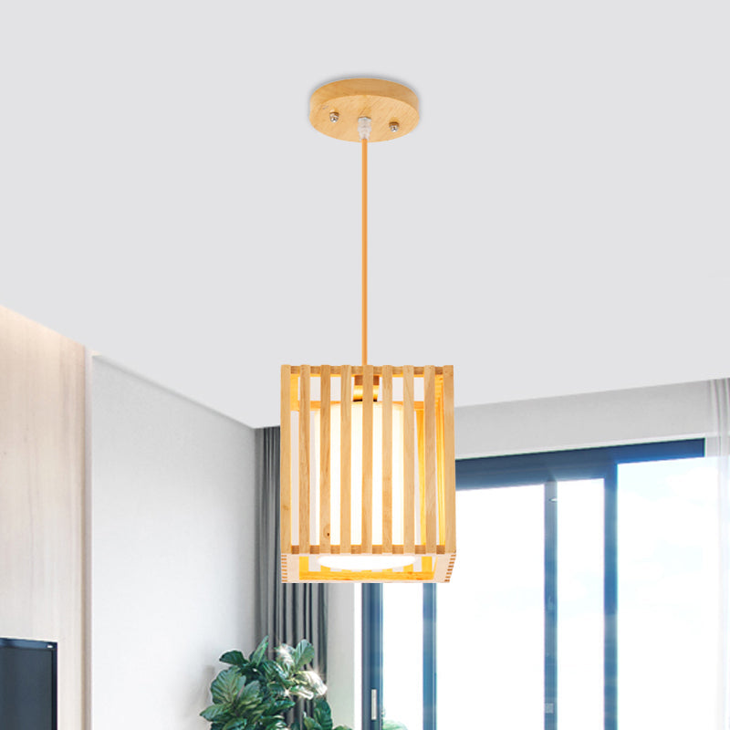Modern Wooden Square Cage Pendant Light Kit - 1 Beige Hanging Ceiling With Inner Fabric Shade