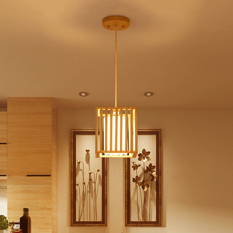 Modern Wooden Square Cage Pendant Light Kit - 1 Beige Hanging Ceiling With Inner Fabric Shade