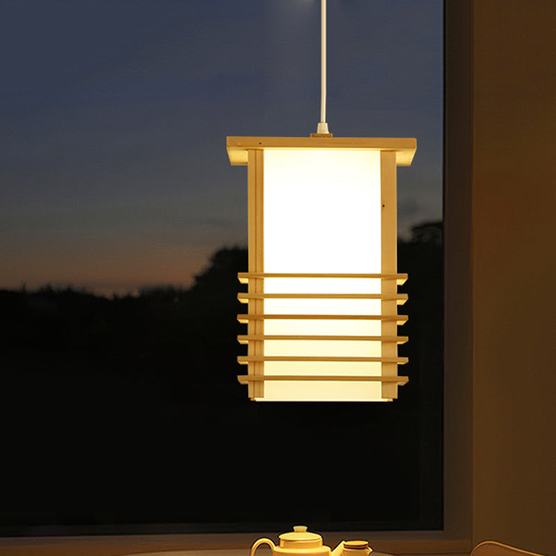 Japanese Style Pinewood Hanging Lantern With Cage Guard - Beige Pendant Light For Restaurant Ceiling