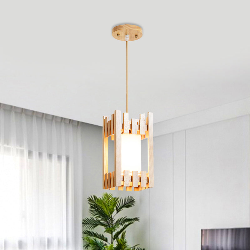 Bistro Pendant Light With Wood Cage Guard And Cylinder Shade