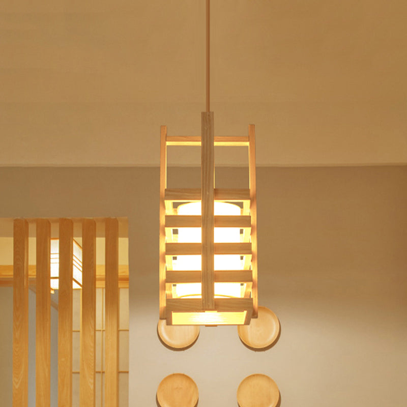 Cuboid Wood Pendant Light - Asian Style 1 Bulb Beige Hanging Lamp With Cross Handle